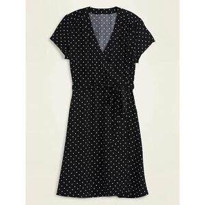 Old Navy Black White Polka Dot Tie Wrap Dress Short Sleeve Size L Petite Girly